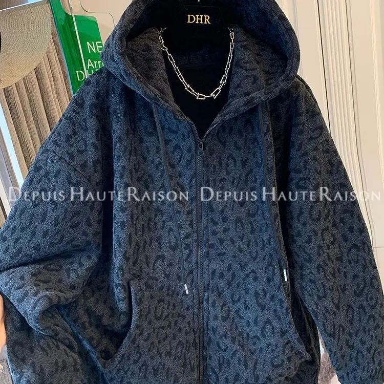 780#秋冬新款胖mm大码女豹纹加绒加厚连帽拉链卫衣