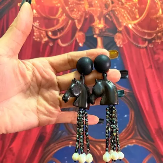 铜合金木质耳饰 「檀木骏马」原创国风生肖马耳饰手工雕刻流苏耳环