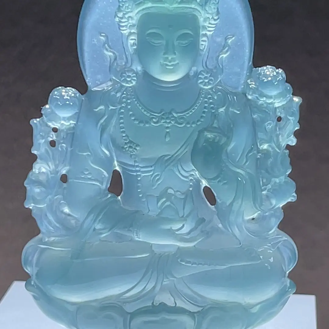 A货冰种蓝水危料度母挂件冰晴水底