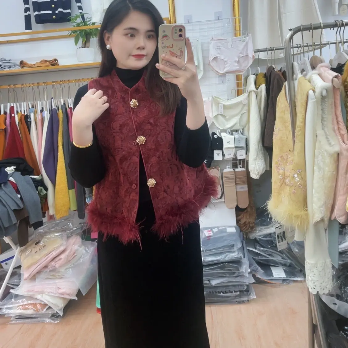 新中式国风夹棉提花盘扣毛毛拼接马甲女外穿（925-3）