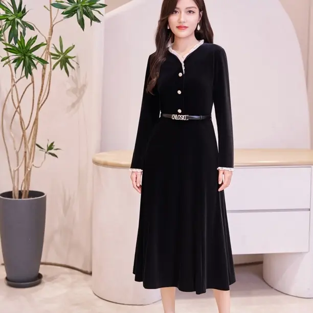 克劳西秋冬黑色丝绒连衣裙收腰显瘦V领长袖中长款优雅气质小黑裙