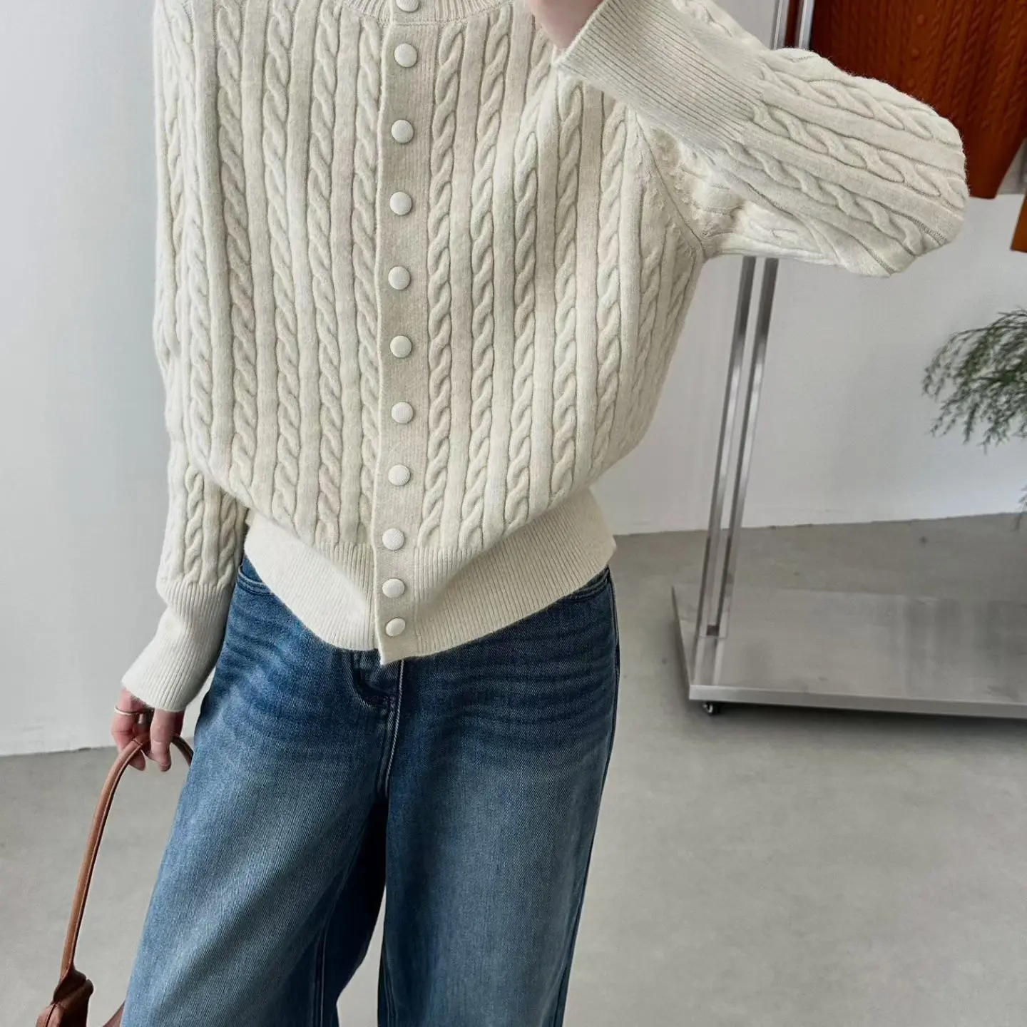 秋冬拼接麻花针织高领百搭毛衣开衫上衣