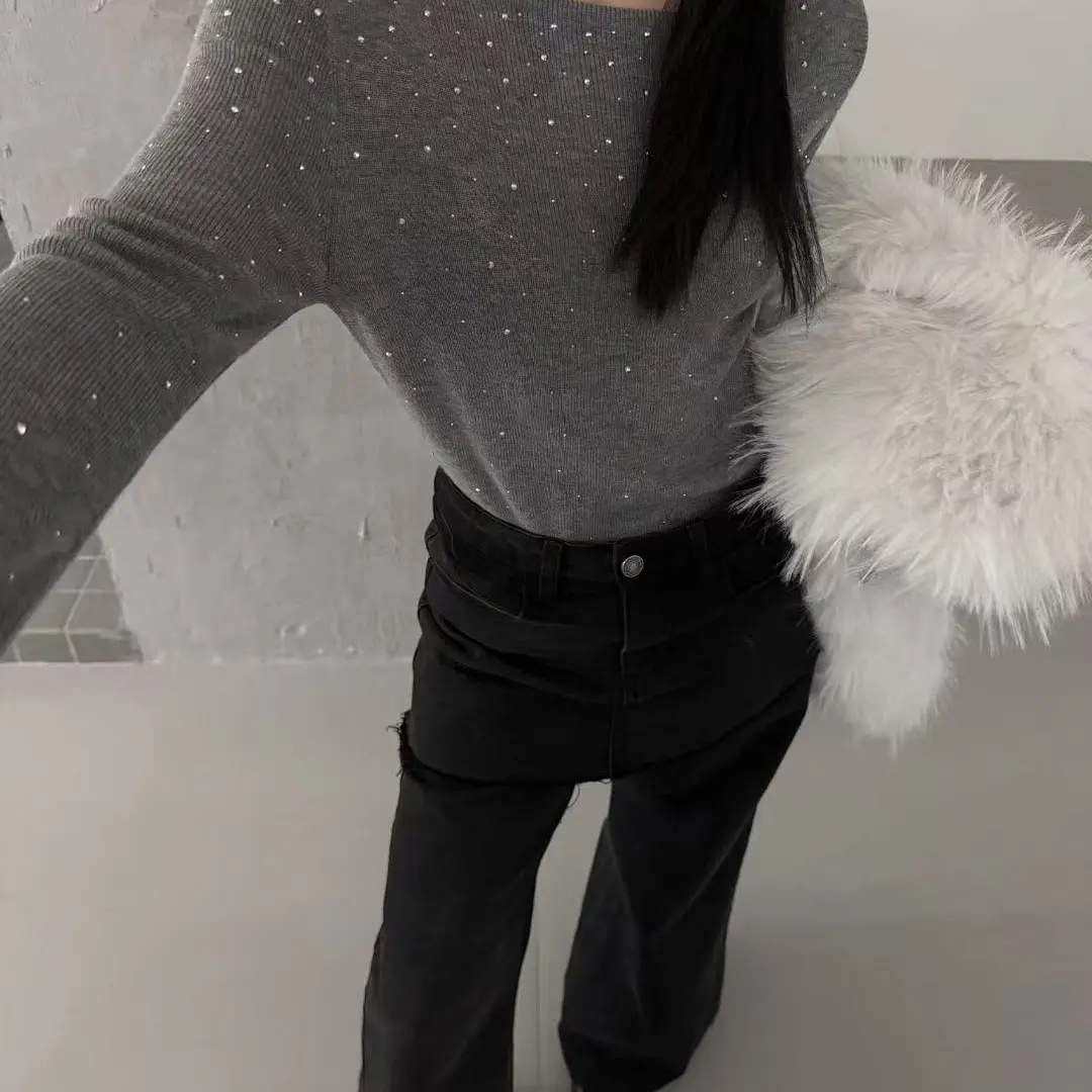 秋冬重工烫钻设计感针织衫女纯欲风气质内搭上衣