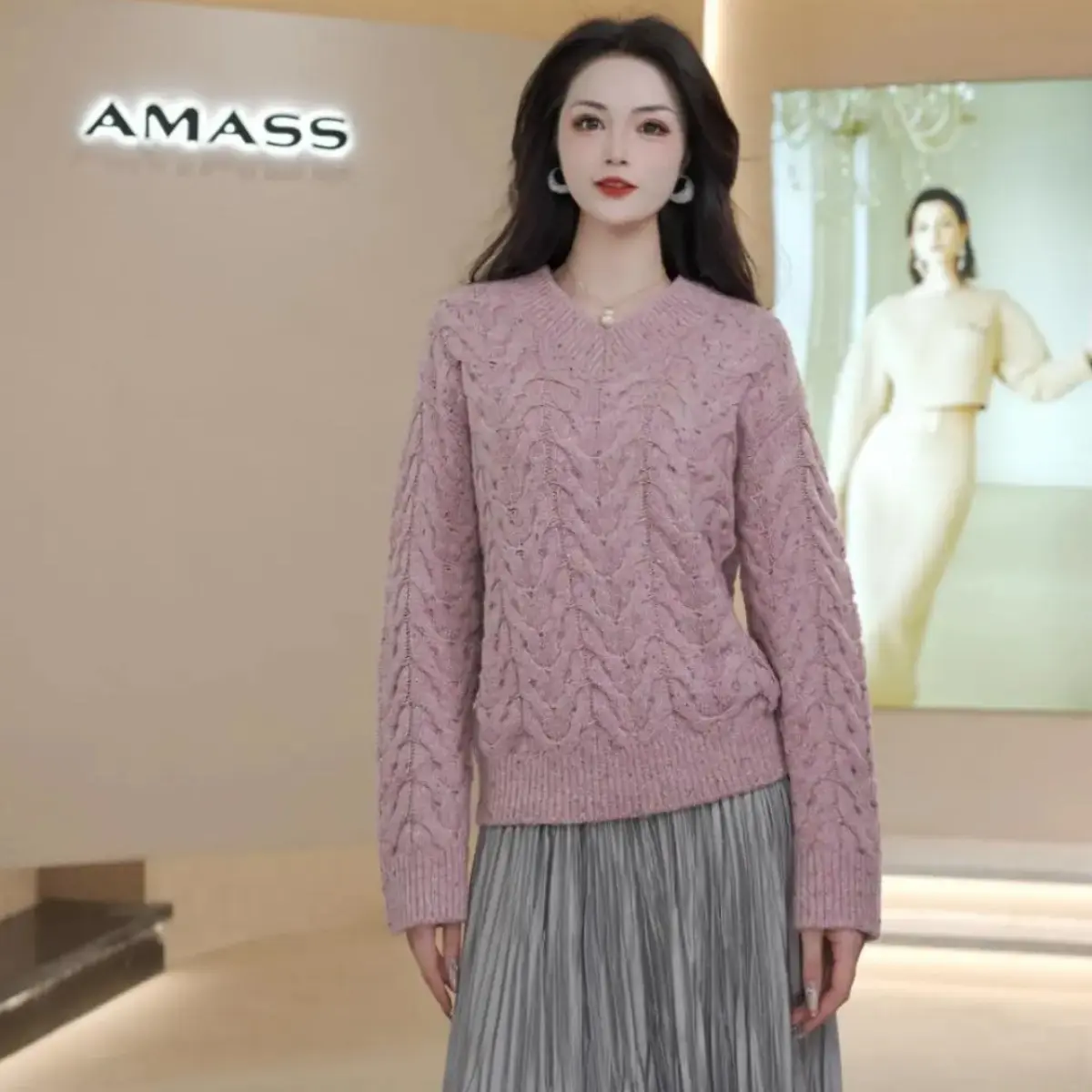 阿玛施【官方正品】新款圆领麻花百搭长袖山羊绒绞花毛衣538109