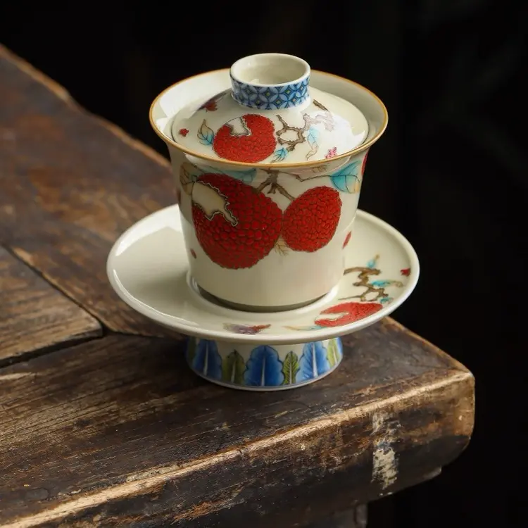 荔枝马蹄盖碗茶杯家用高档防烫三才盖碗单个泡茶碗功夫茶具复古