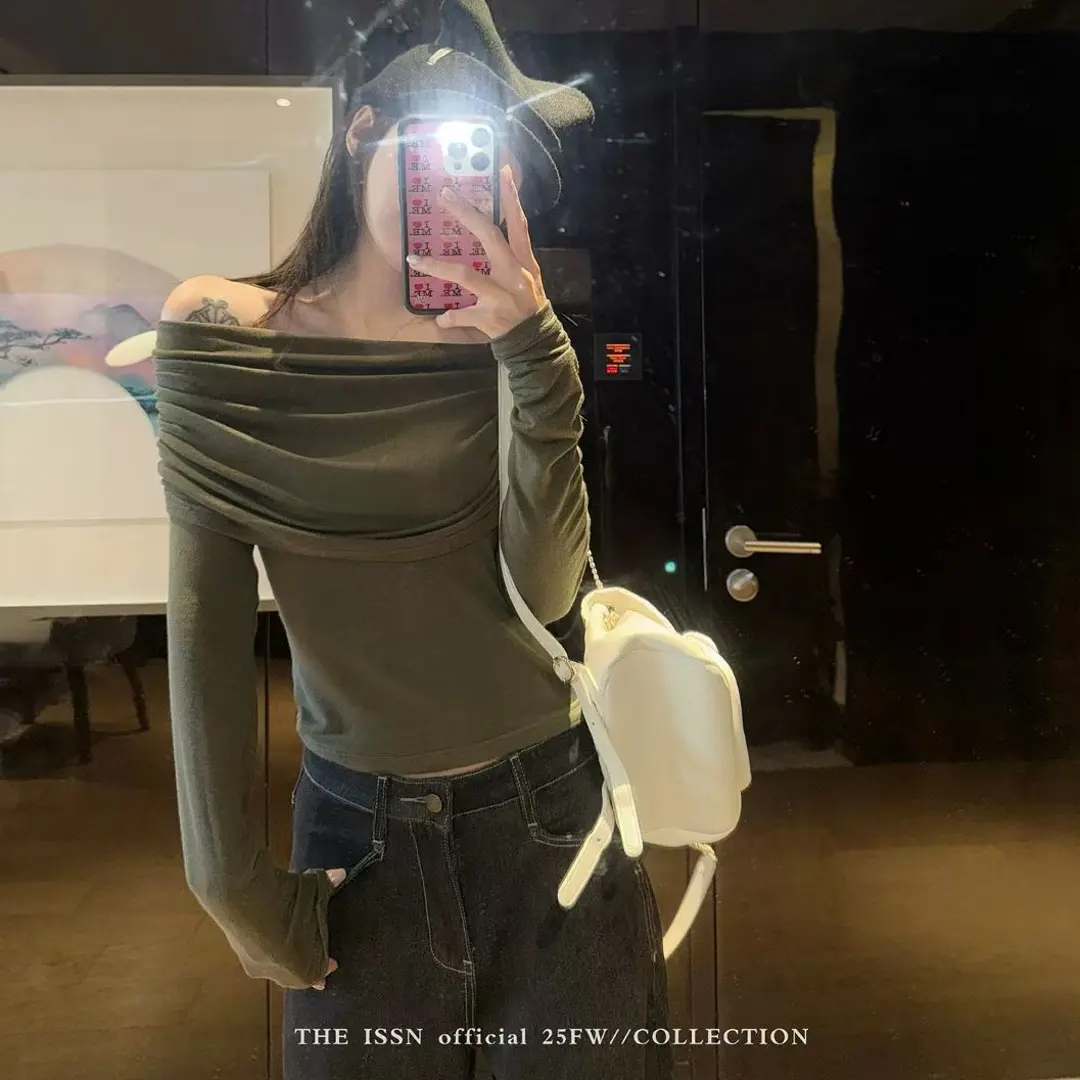 秋季纯欲风修身一字肩长袖打底衫上衣