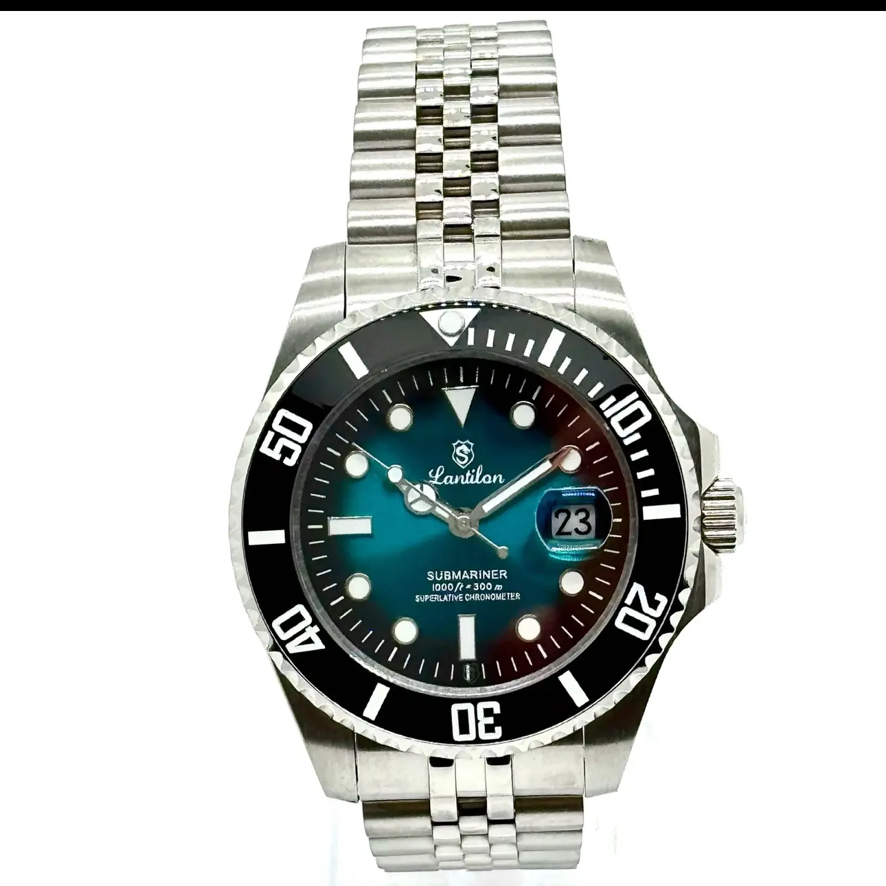 朗帝龙新款44mm五珠链极光绿单日历男士全自动机械夜光防水腕表