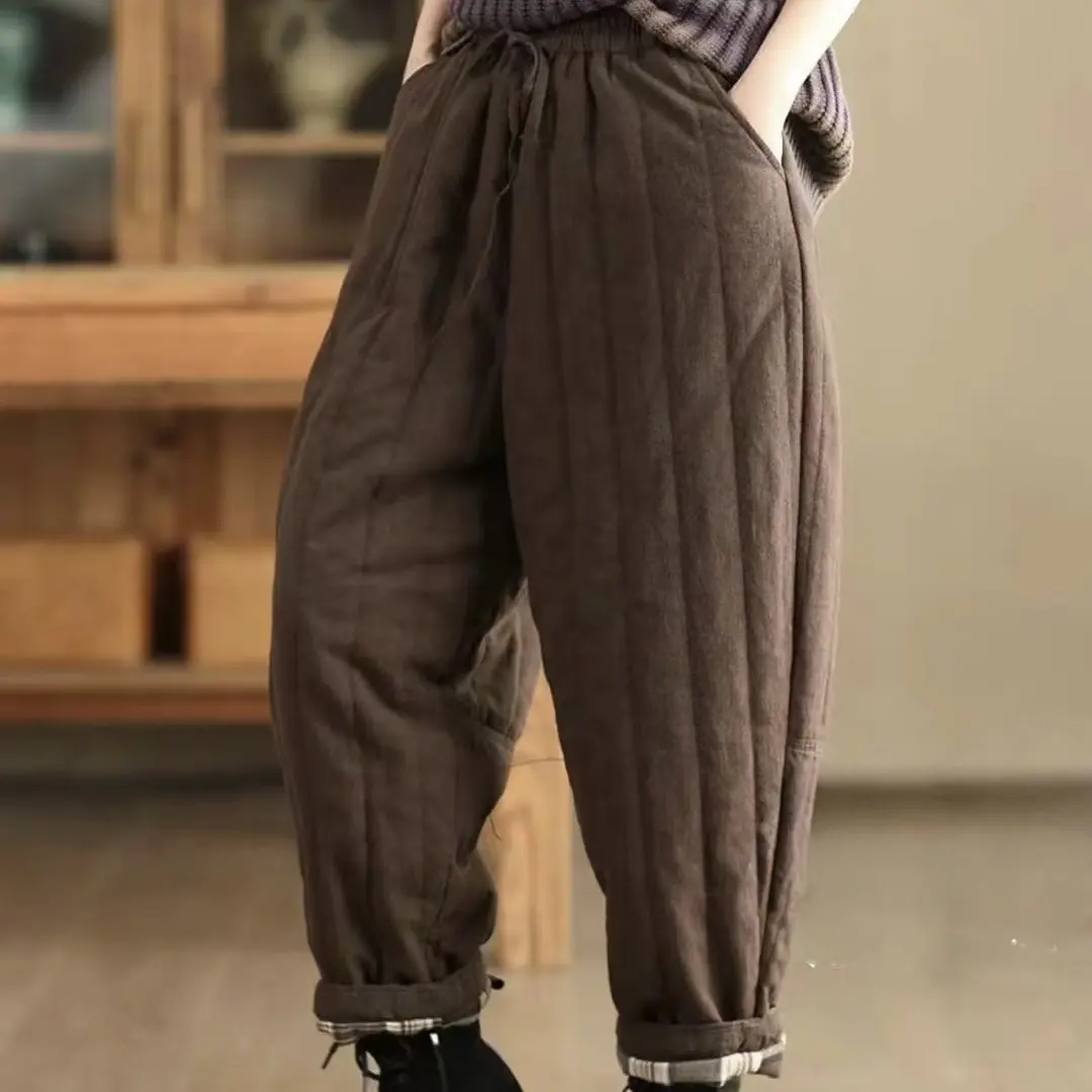 宽松百搭加厚加棉亚麻老爹裤遮肉显瘦舒适长裤裤长93臀围120