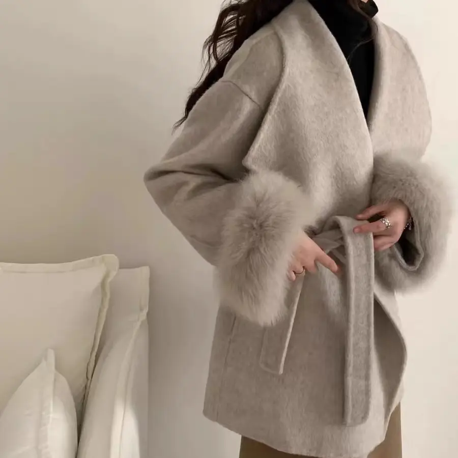 2025韩版中长款大翻领狐狸毛可拆卸高级感羊毛大衣外套