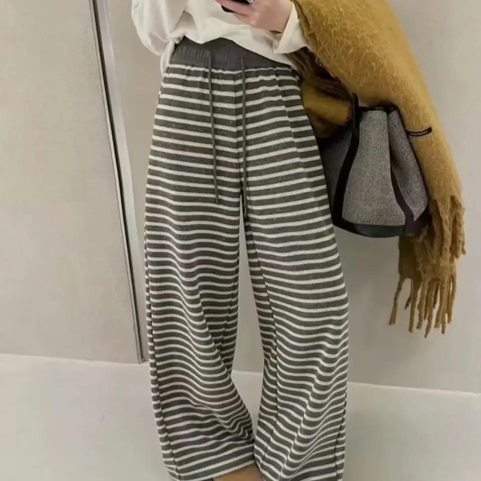 秋冬加绒加厚条纹阔腿裤女慵懒风显瘦休闲高腰拖地长裤
