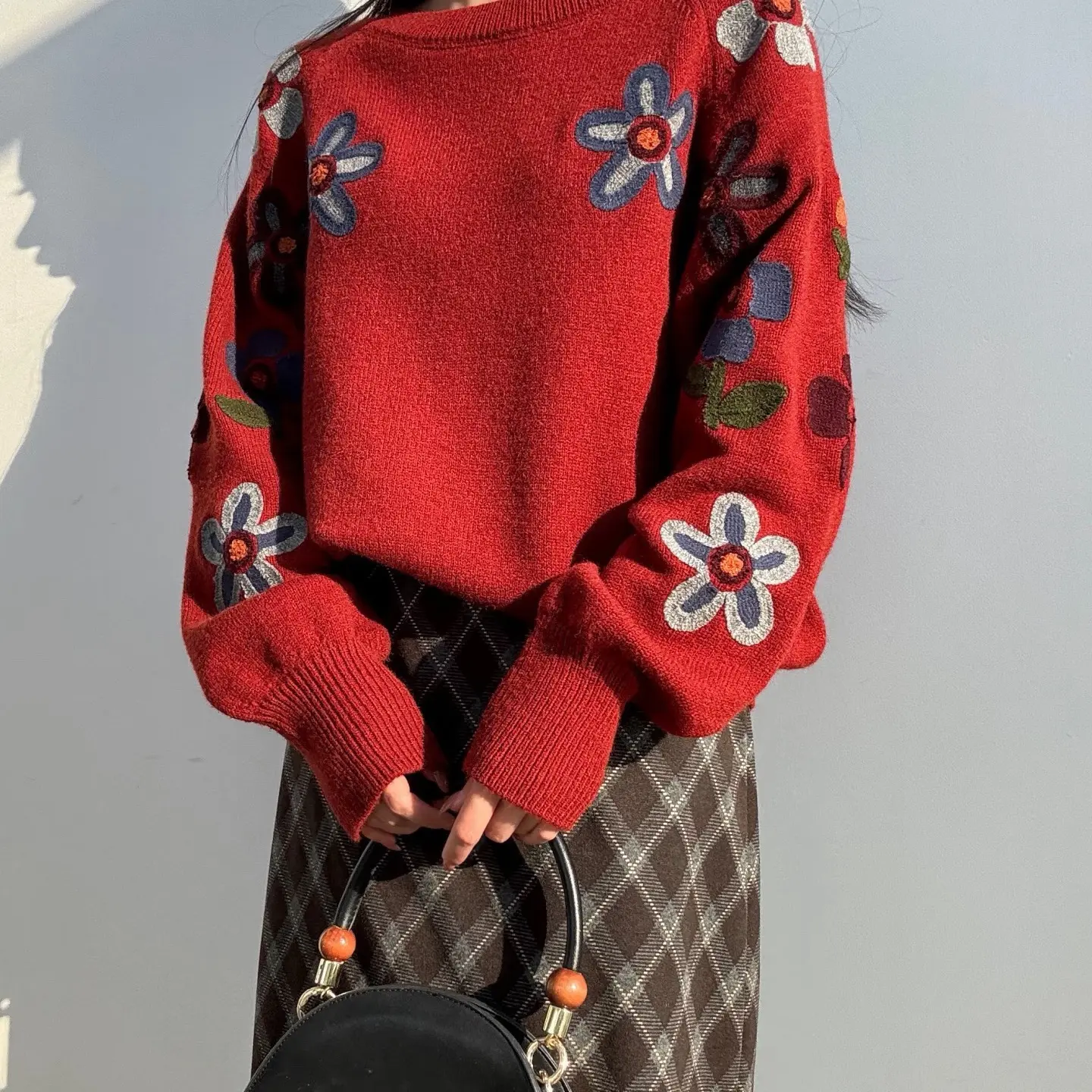 【花漾刺绣】春季韩版慵懒风圆领宽松软糯小众设计针织衫女百搭