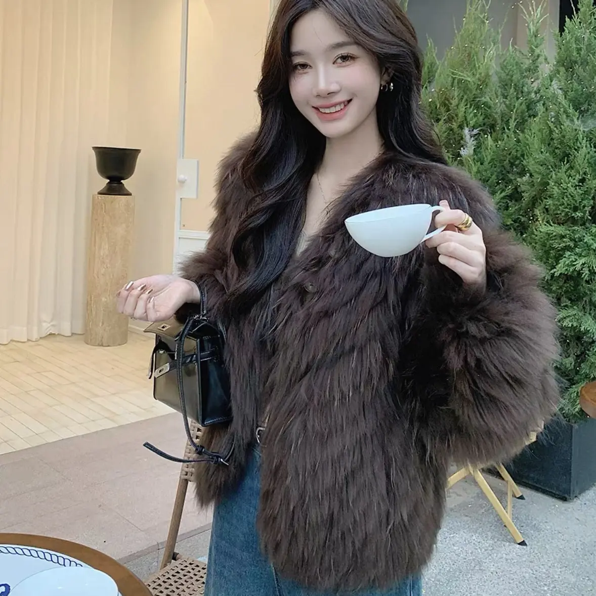 貉子毛车条皮草60cm短款外套女2025冬季新款外套