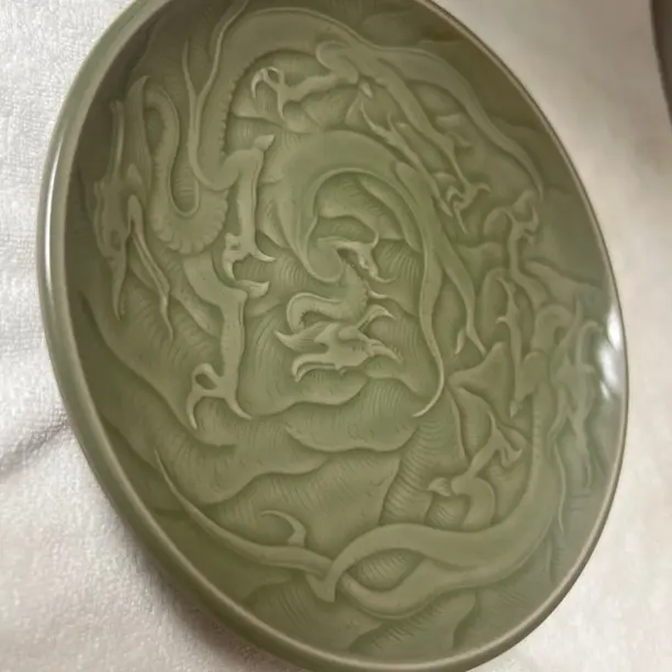 豆青、越窑、龙纹盘、