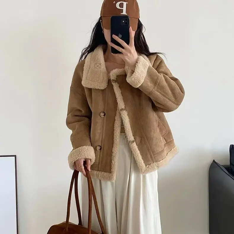 【丽鑫】韩系立领扣子短款百分百绵羊毛皮毛一体外套