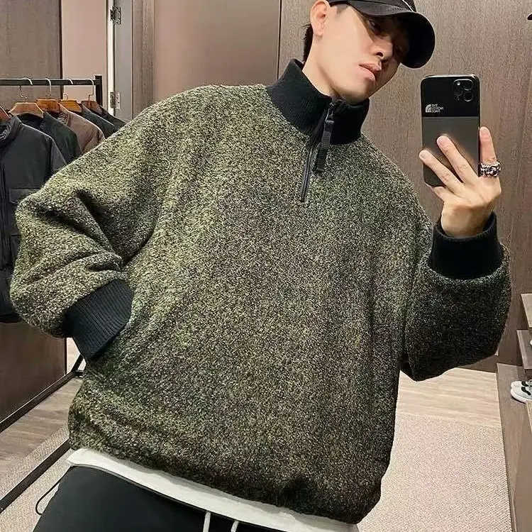 冬季男士羊毛拼接半拉链立领宽松复古风白鹅绒羽绒服外