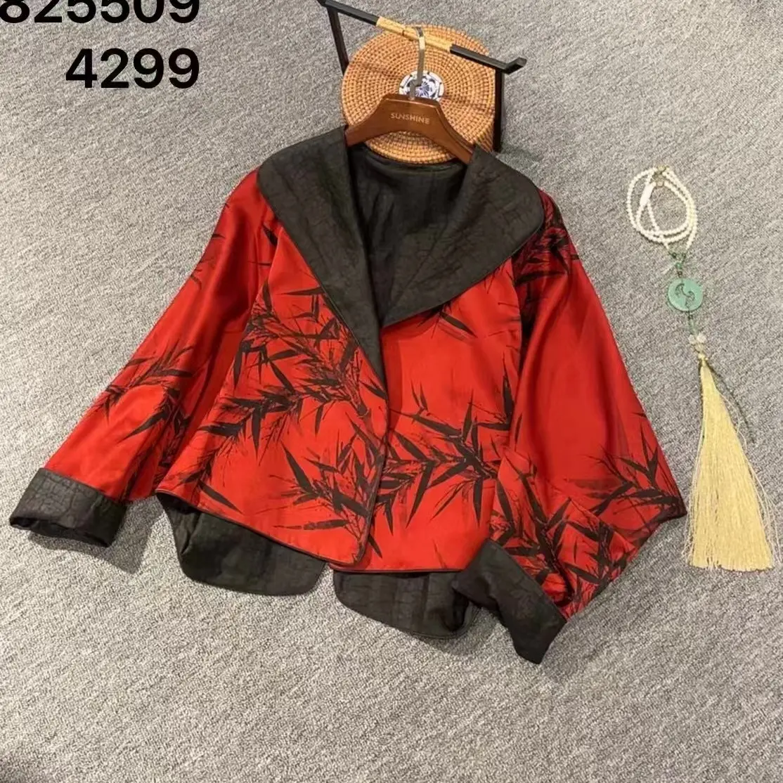 遇家825509两面穿新中式翻领重缎龟裂纹香云纱撞色蝙蝠袖贵气外套