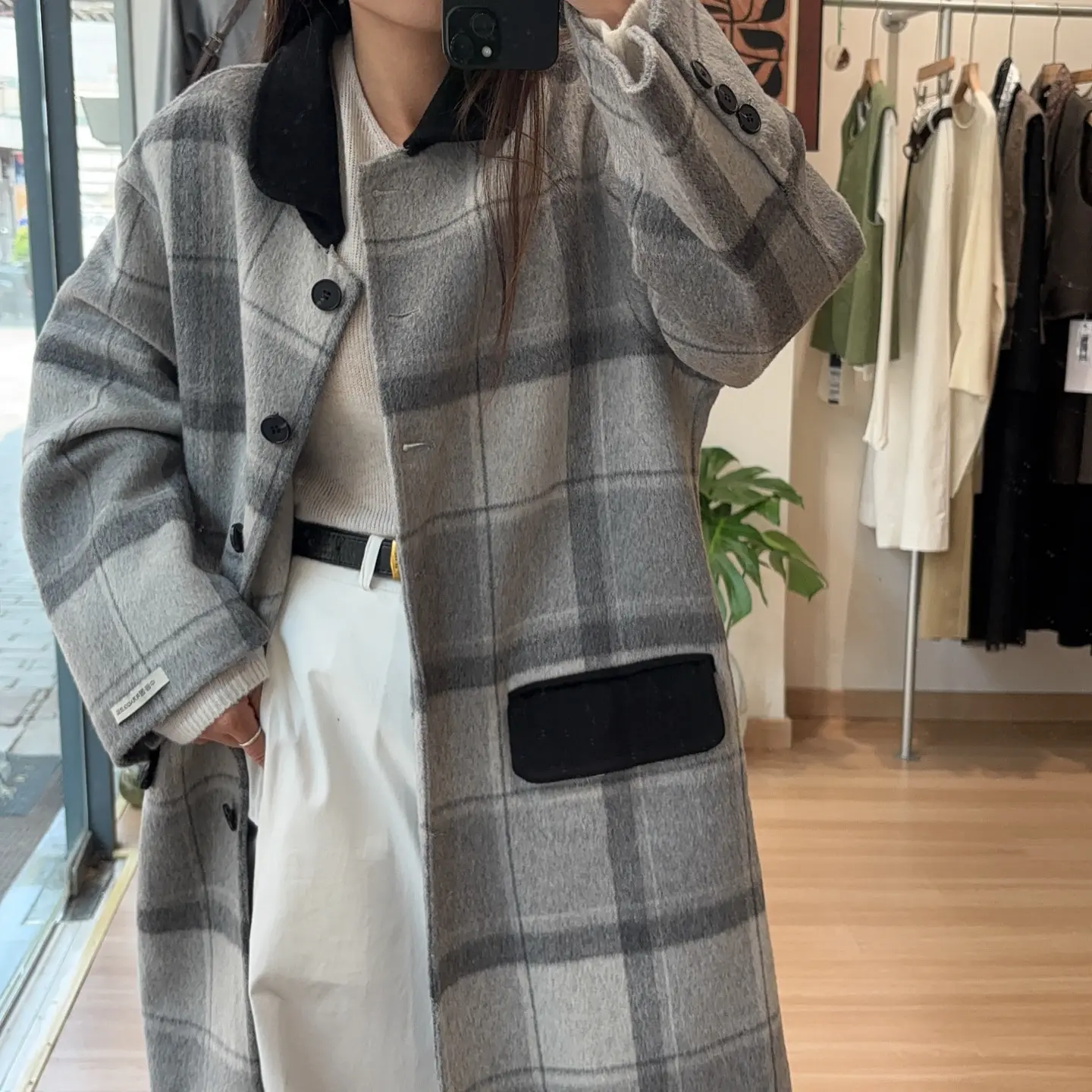 女款中长款格纹双面毛呢冬季赫本风宽松大衣