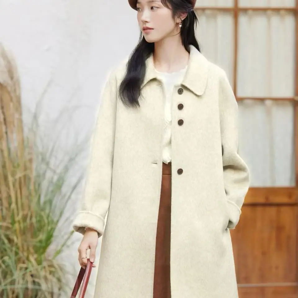 秋冬新款中长款娃娃领双面大衣显瘦高级感百搭8505