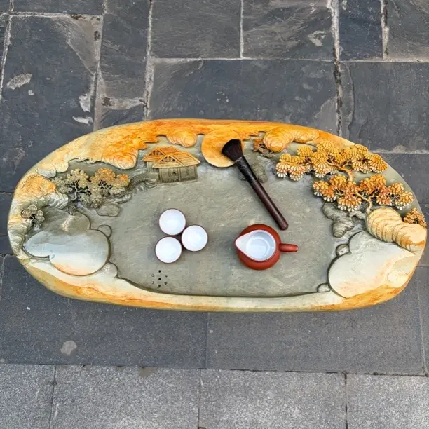 肇庆天然绿端原石端砚茶盘手工雕刻山水造型适合客厅家用办公室