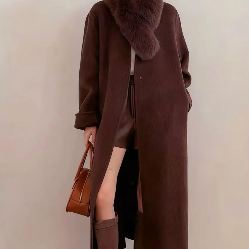 秋冬长袖宽松气质双面羊毛大衣长款大衣圆领单排扣设计8578