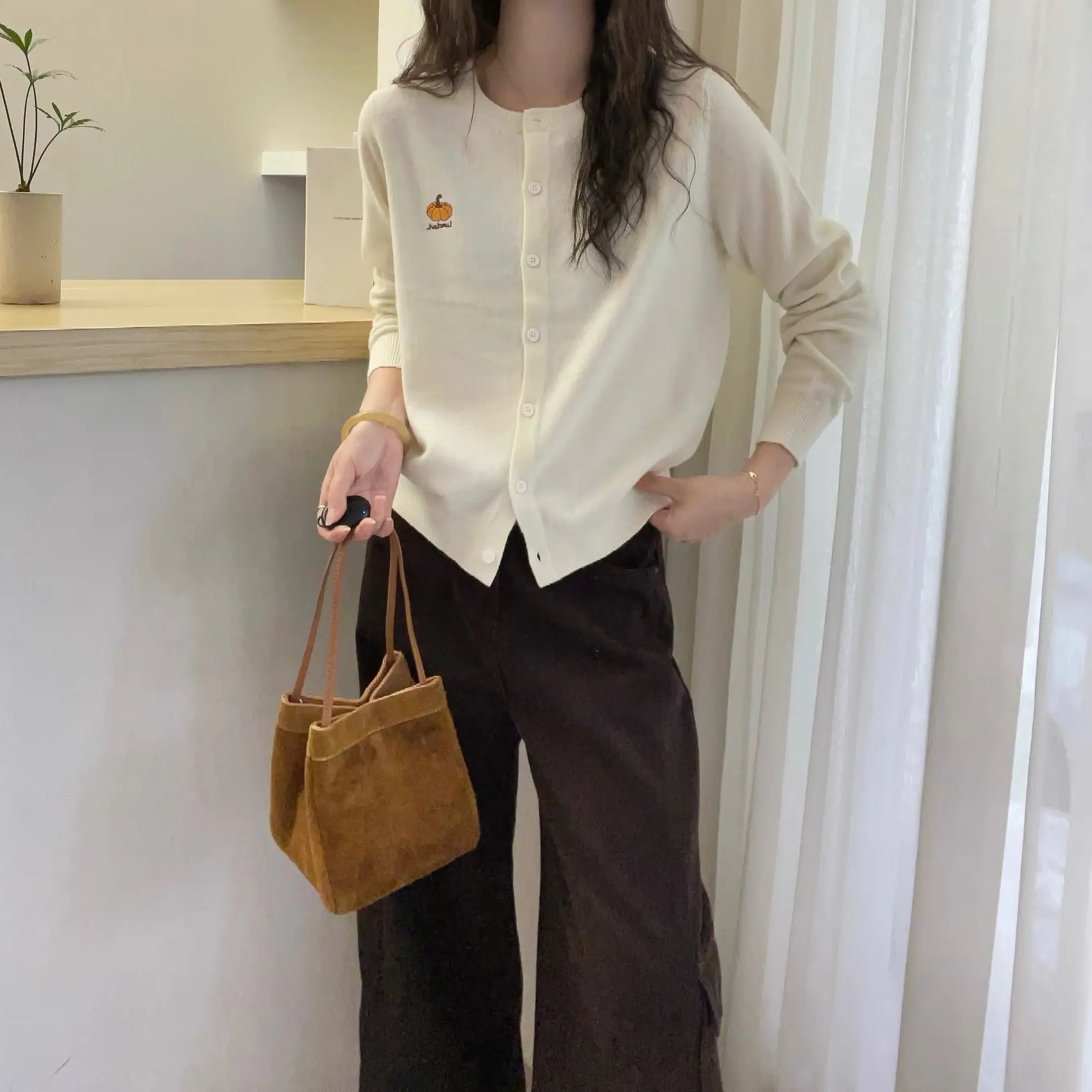 秋季针织毛针织衫圆领公主袖INS风条纹青春风开衫款