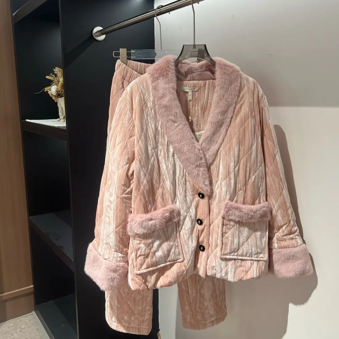 丝奢 冬季新款三层夹棉珊瑚绒保暖毛领可外穿女士家居服套装