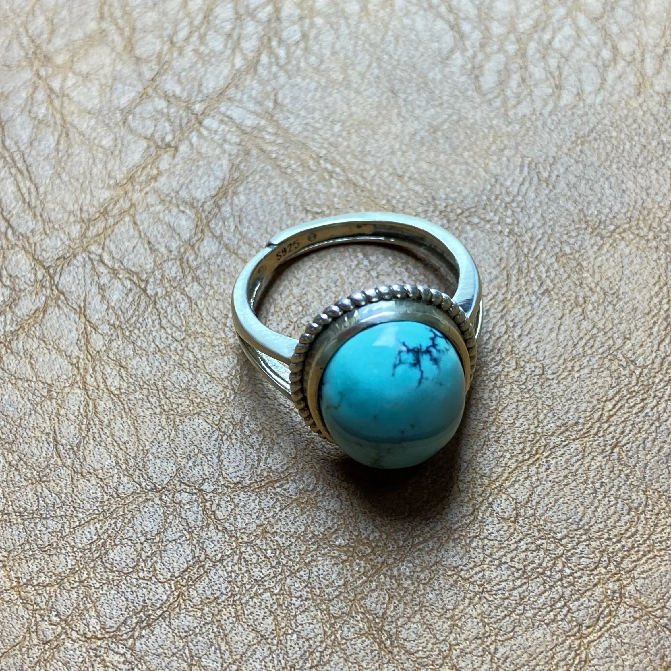 原矿高瓷绿松石925银镶嵌女士时尚戒指