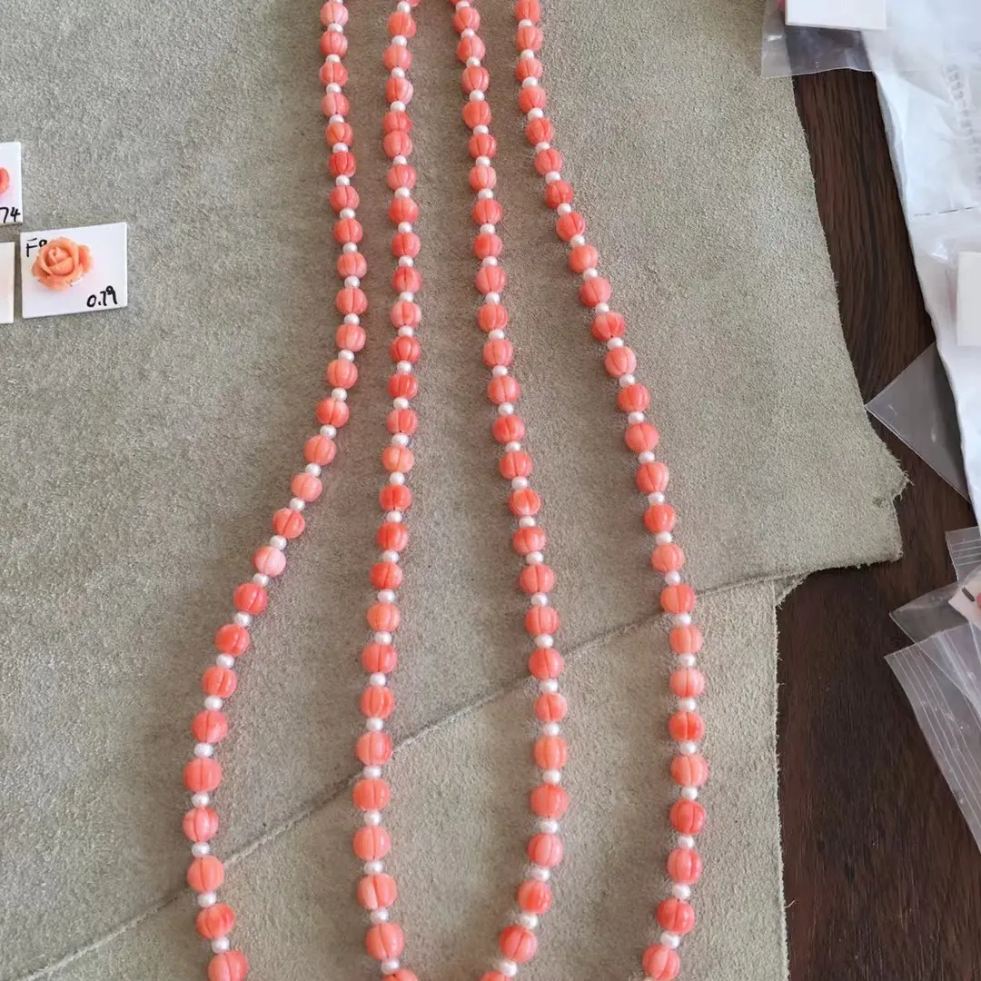 纯天然珊瑚 莫莫南瓜珠项链 51cm长