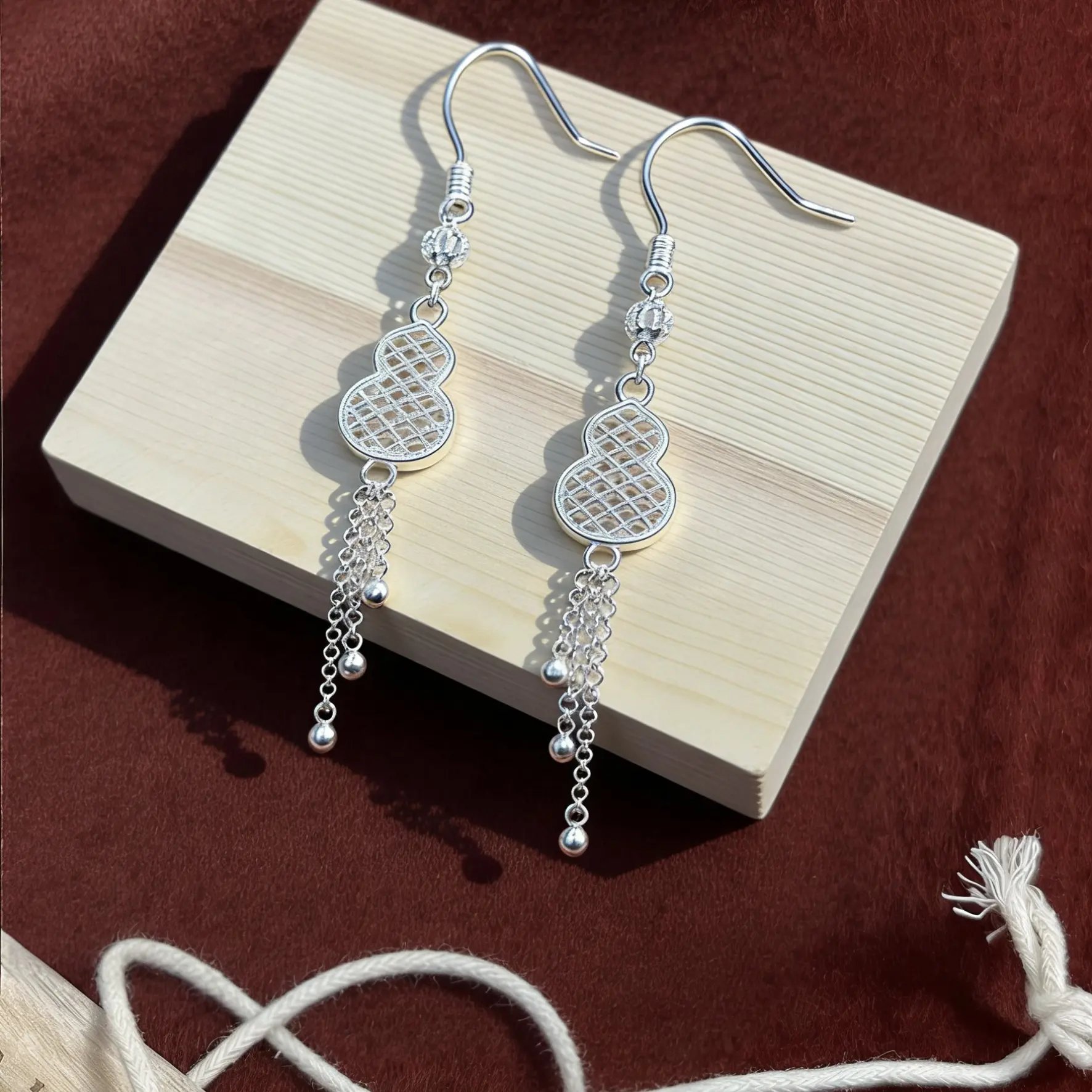 足银耳饰 足银长款气质防过敏葫芦流苏耳环时尚百搭