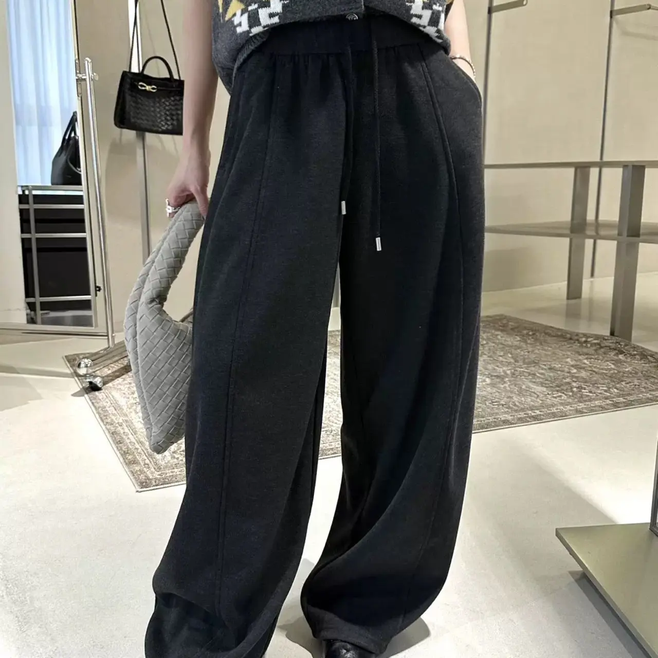 梦小小女装加绒羊绒阔腿裤2025冬新款百搭加厚高腰显瘦休闲拖地裤