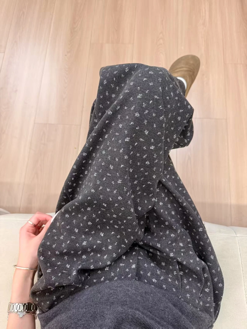  2025秋冬新款加厚碎花阔腿裤慵懒百搭高腰显瘦休闲毛呢子裤