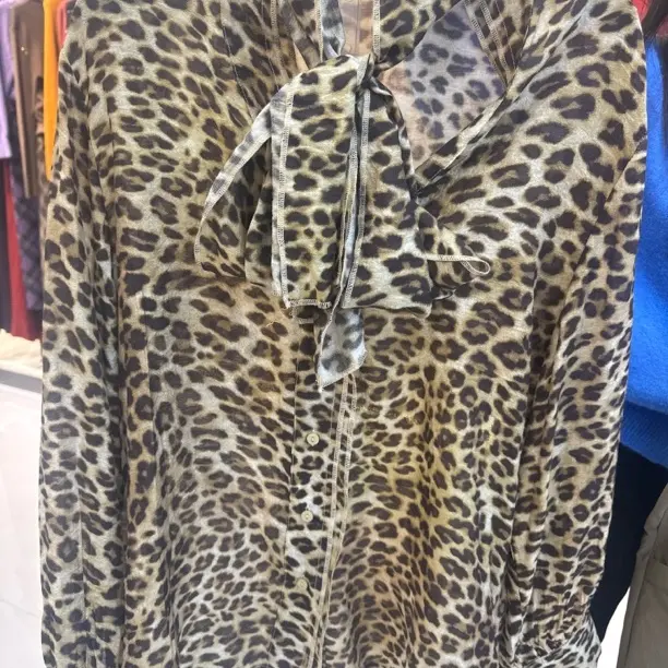 豹纹印花时尚蝴蝶结系带长袖衬衫上衣秋季百搭