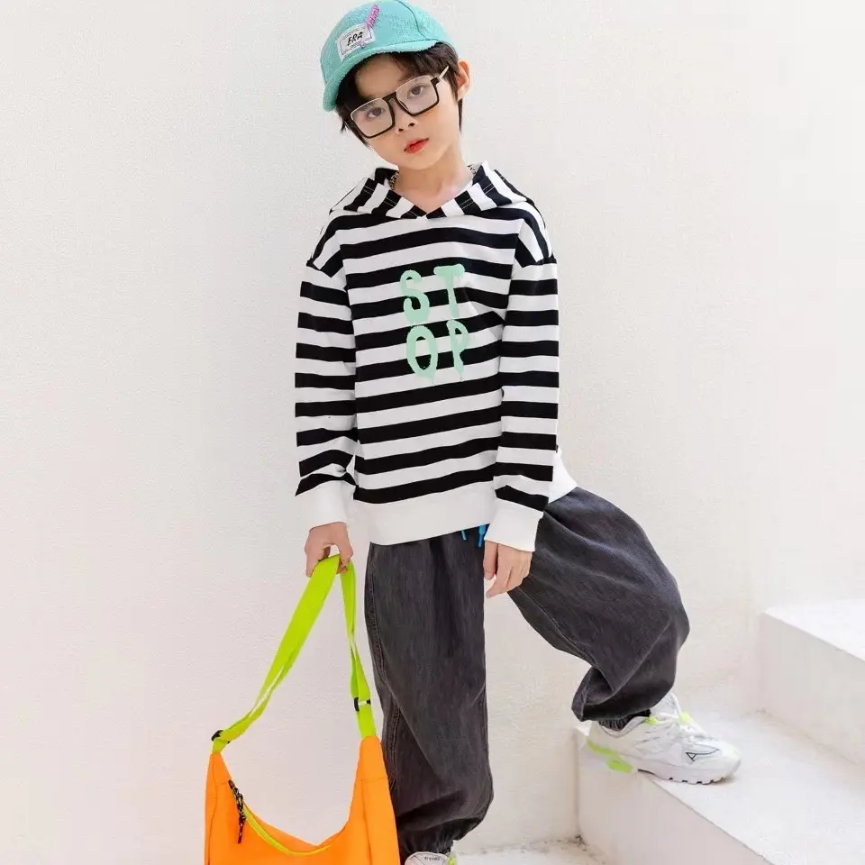 男童卫衣秋装中大童条纹长袖上衣半开襟时尚舒适童装