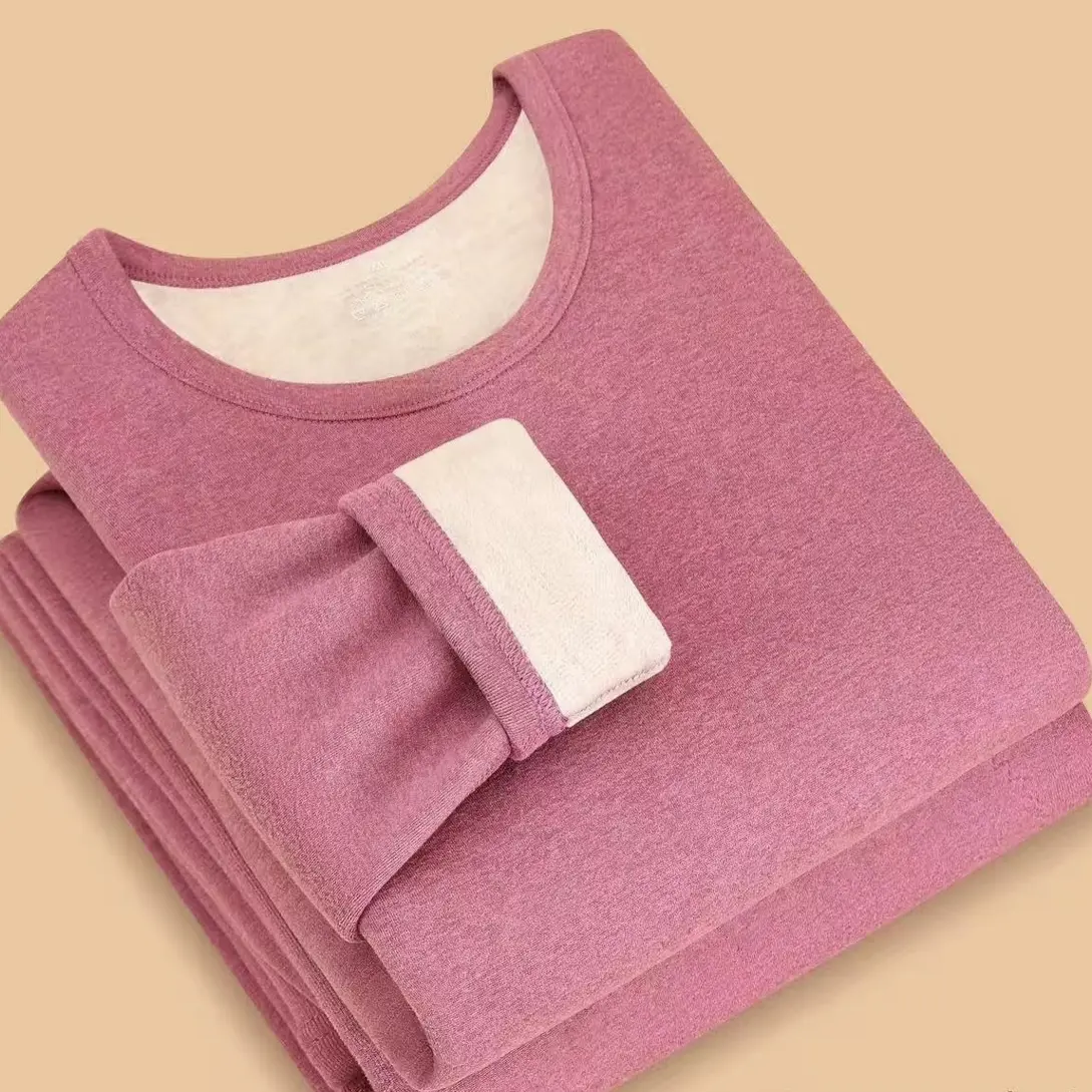 冬季女士加绒加厚圆领保暖内衣套装