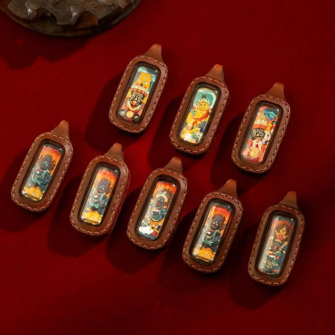 复古皮质双面小长条扎基文殊擦擦唐卡黑财神饰品