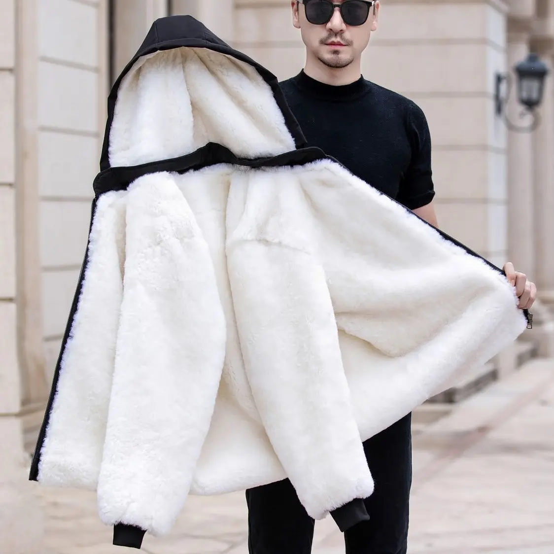 男士冬季加厚加绒连帽双面穿保暖百搭户外棉衣