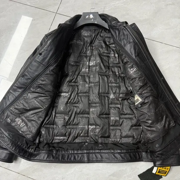 春秋冬男士翻领头层小牛皮可拆卸羽绒皮夹克