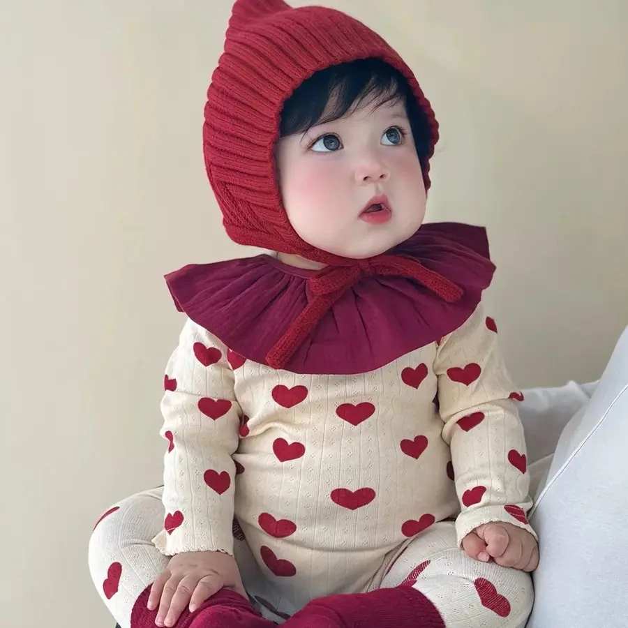 婴儿护耳帽秋冬季洋气红色尖尖保暖针织帽小月龄宝宝精灵帽毛线帽