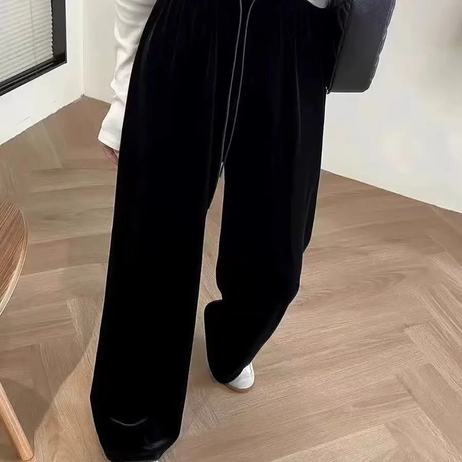 早秋新款时尚百搭黑色丝绒高腰抽绳阔腿长裤