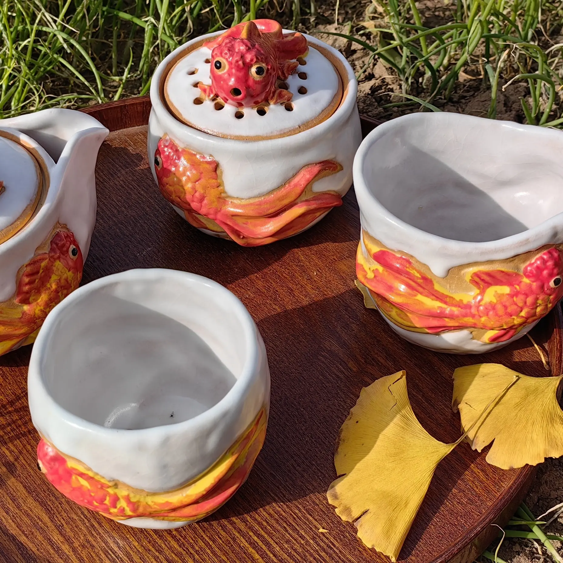 粗陶小鱼茶具一壶一公道一个杯子加一个香炉四件套一起发手工