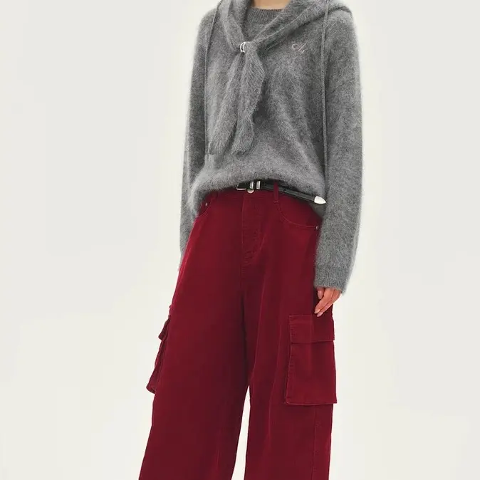 AVVENN 新款小众设计感灯芯绒拼接高腰宽松显瘦百搭女裤