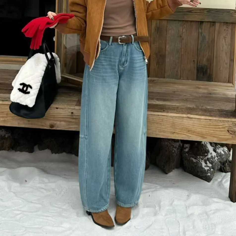 冬季新款加绒高腰显瘦阔腿弯刀牛仔裤