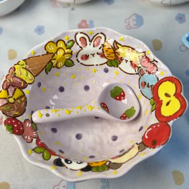 景德镇手绘可爱卡皮全家福面碗高温陶瓷