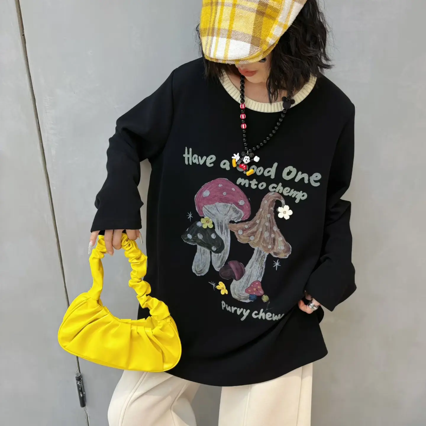 大码女装圆领长袖上衣胖妹妹240斤遮肚子显瘦百搭印花T恤冬季款