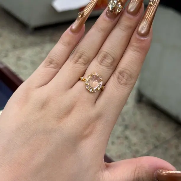 粉水晶925银镀金镶嵌繁花开口可调节时尚女款戒指