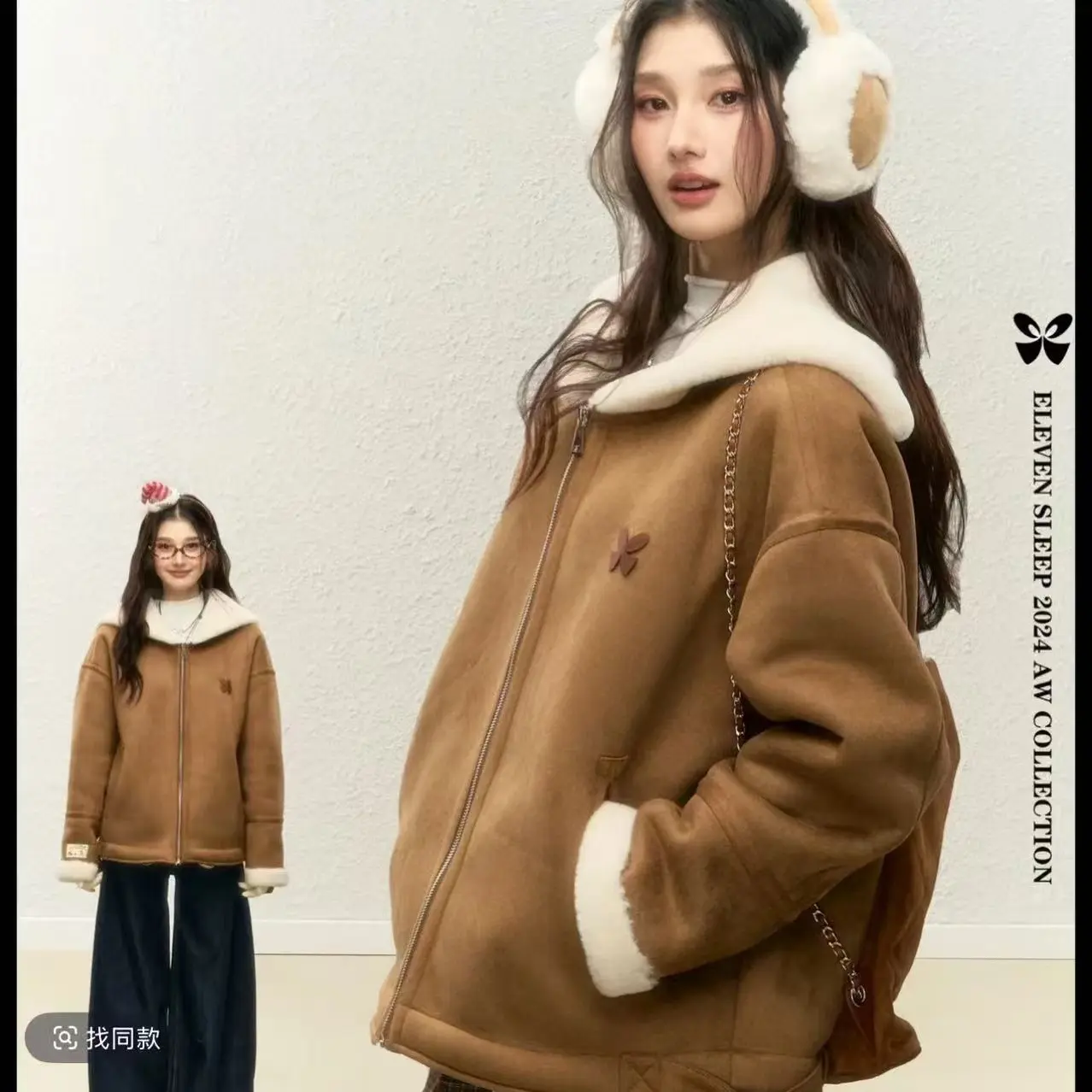 冬季保暖加厚外套女毛绒海军领设计麂皮复古棉服上衣