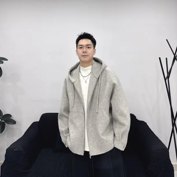 新款秋冬简约男士连帽短款双面羊毛呢大衣外套