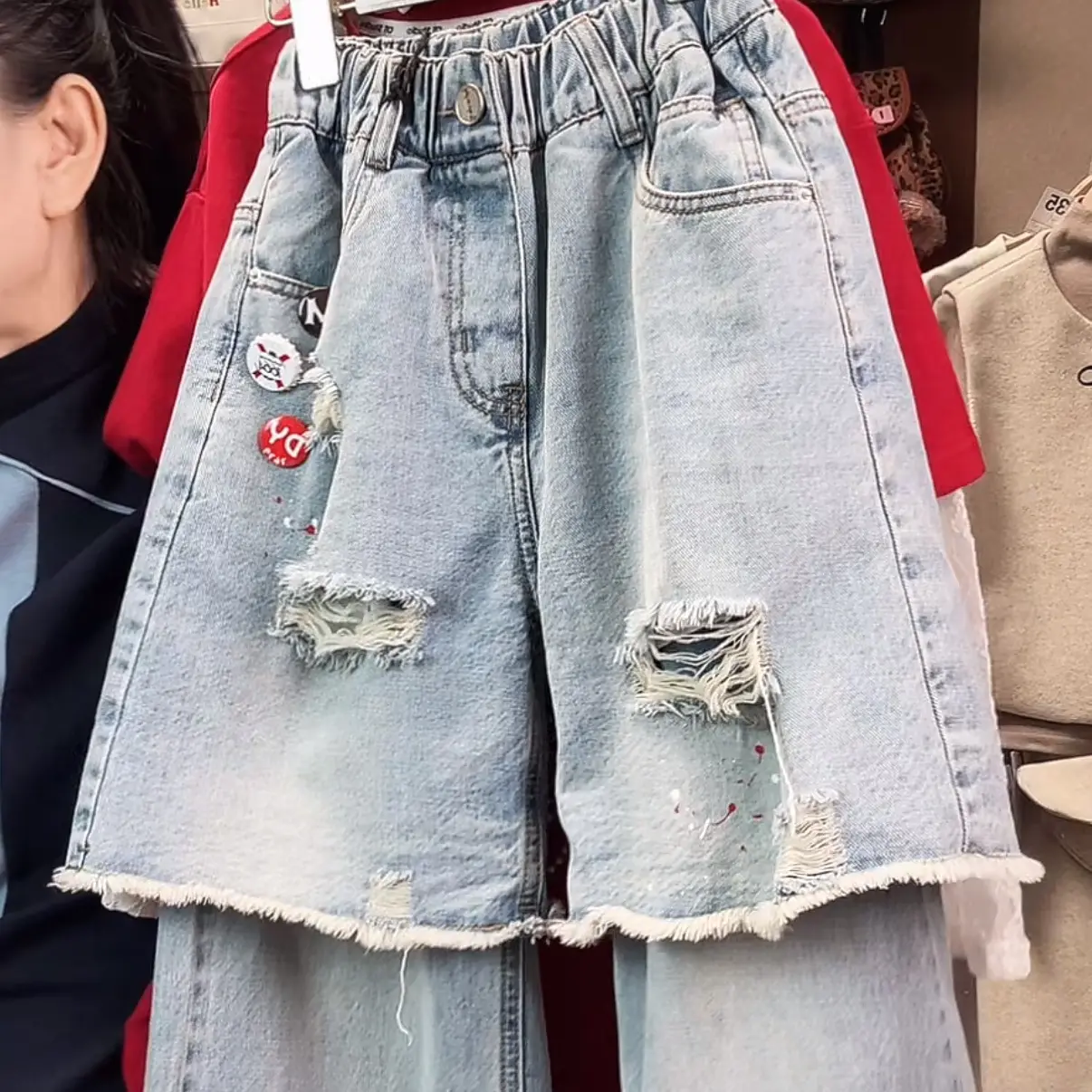 春季新款时尚女童牛仔假两件阔腿裤