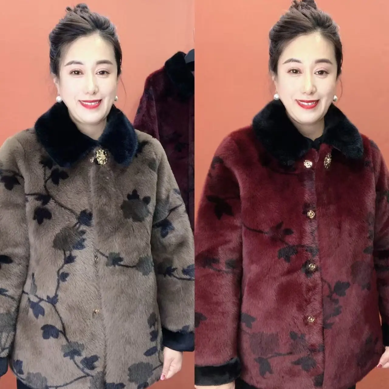 五时尚中老年女性冬季高贵洋气一体绒外套