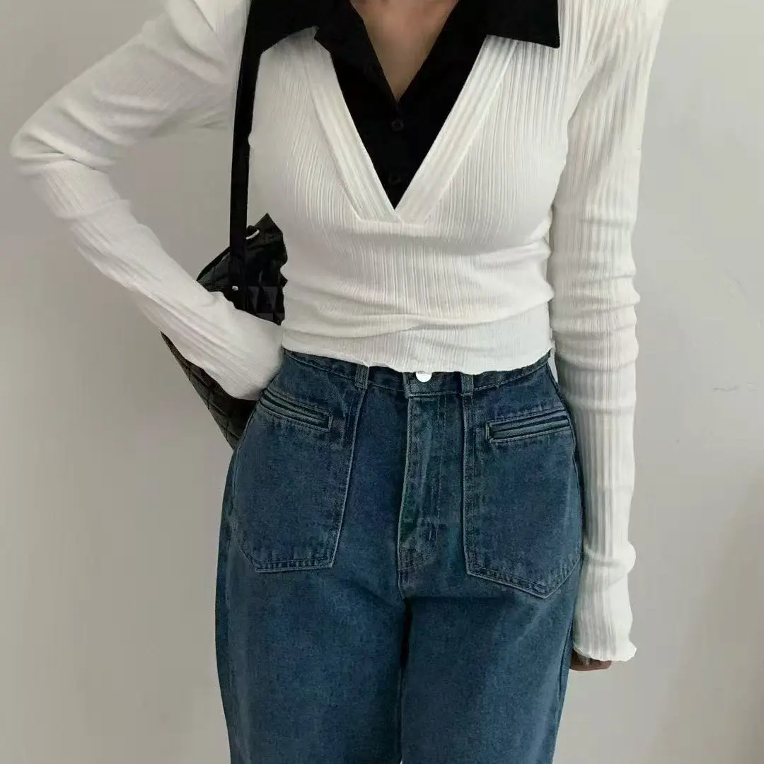 藏蓝色Polo领半扣拼色长袖上衣女冬简约修身气质通勤舒适小衫